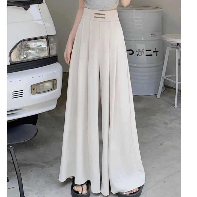 Summer New Solid Color Thin Ventilate Wide Leg Trousers Women High Street Casual Elastic Waist High Waist Pleated All-match Pant