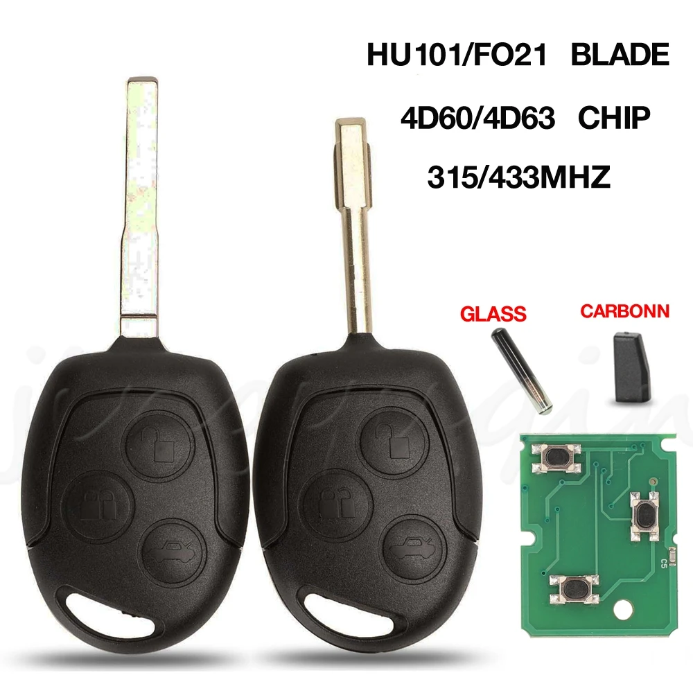 

jingyuqin 3 Buttons Remote Key Fob 315/433MHz 4D60 ID63 Chip For Ford Mondeo Focus Fusion Fiesta Galaxy Transit HU101/FO21 Blade