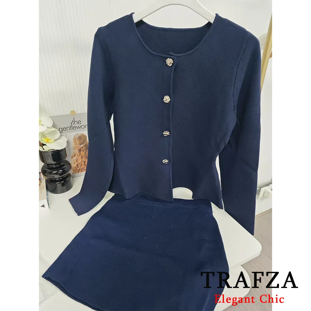 TRAFZA-Women Elegant Navy Blue Skirt Set Sweater+Skirt Set New 2025 Spring Fall Fashion Elegent Office Lady Minimalism Skirt Set 5