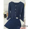 TRAFZA-Women Elegant Navy Blue Skirt Set Sweater+Skirt Set New 2025 Spring Fall Fashion Elegent Office Lady Minimalism Skirt Set 5