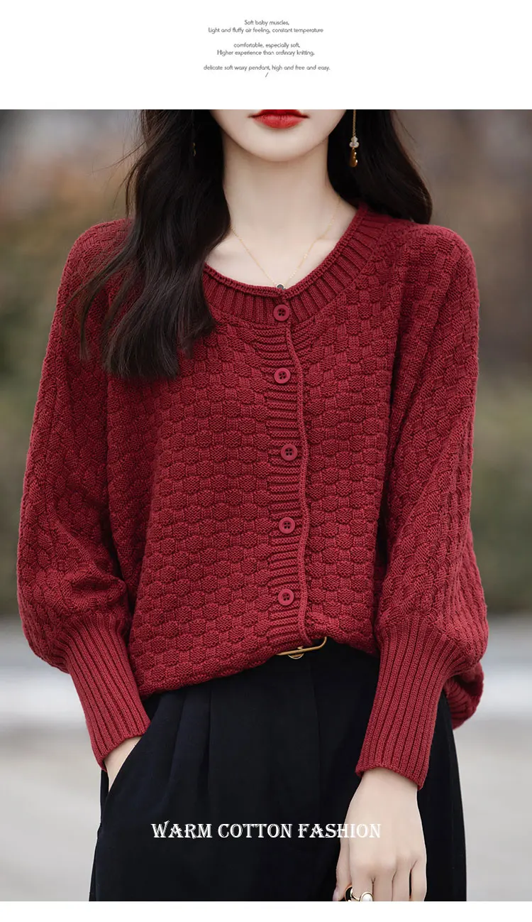 Women's 100% Cotton Sweater Round Collar Bat Sleeve Cardigan Autumn Winter Checkerboard Grid Warm Jacket Casual Knit Basic Tops