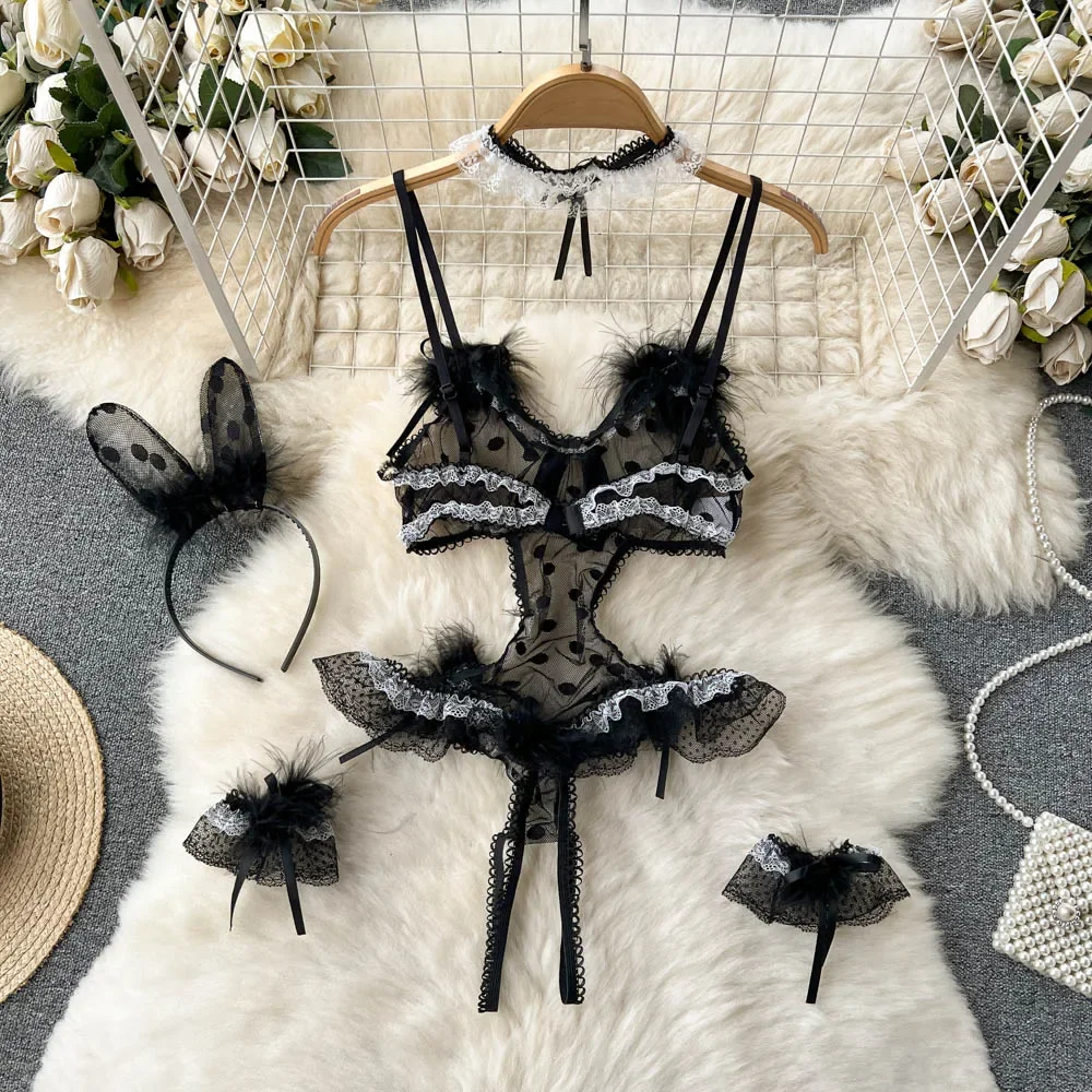 Women Sexy Erotic Lingerie V-Neck Strap Polka Dot Transparent Lace Bodysuit Hot Sleepwear Catsuit Cosplay Uniform Bow Playsuit