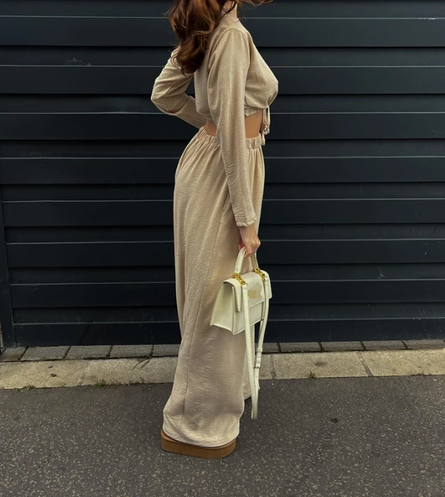 Women's Fashion Solid Lace Up Crop Long Sleeve Top & Wide Leg Pants Set Fresh and Sweet Summer New Casual Women Trousers Outfits