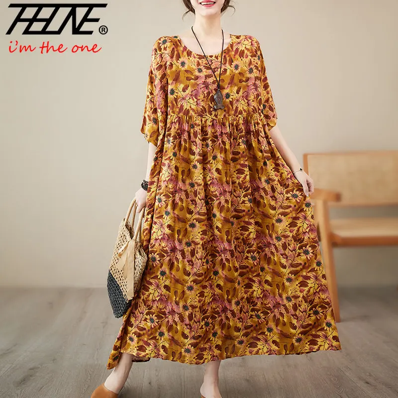 

Женское винтажное платье с цветочным принтом, Длинное свободное Хлопковое платье большого размера в Корейском стиле, повседневная одежда на лето