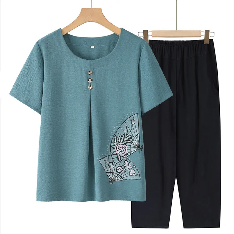 5XL Women's Pajamas Set Summer Middle Aged Mother Short Sleeve Sleepwear Round Collar Korean Pajamas Outside Wear Pijama Mujer