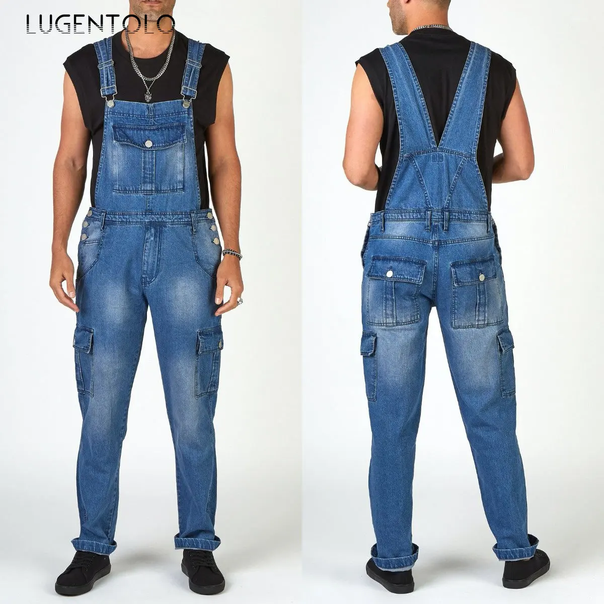 

Men Jeans Overalls Do Old Washed Cargo Pants Casual Trousers Multi-pocket Denim Straight Long Jeans