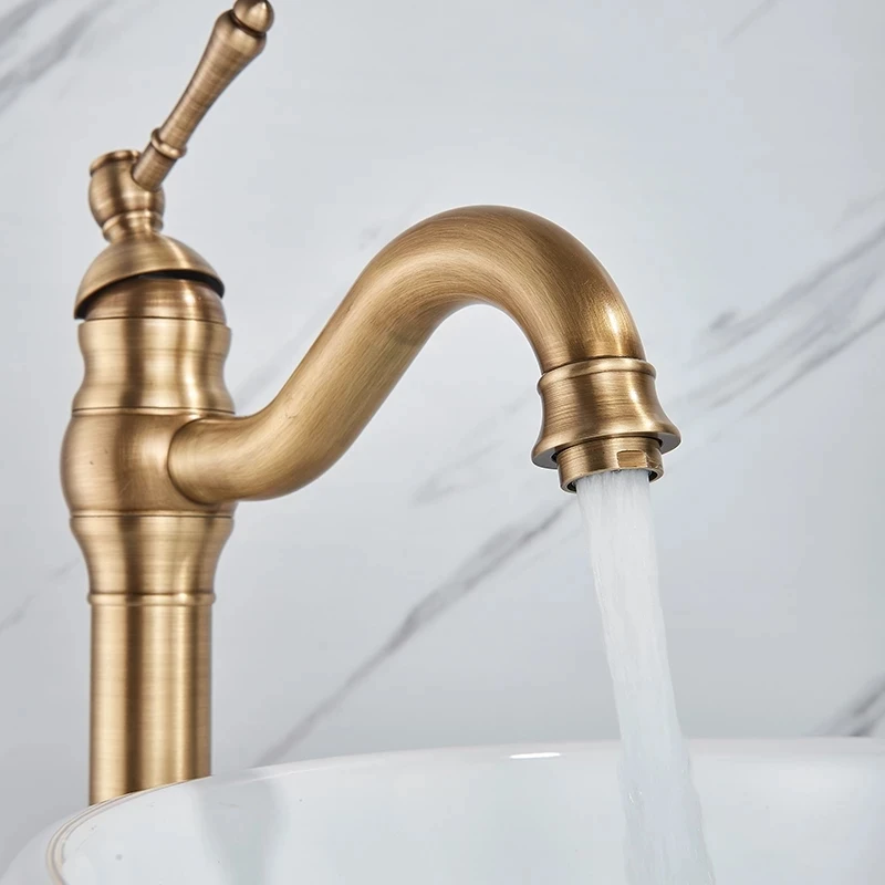 

Brass Antique Brass Deck Mounted Bathroom Faucet Basin Faucet Hot Cold Mixer Crane Basin Faucet Water Column