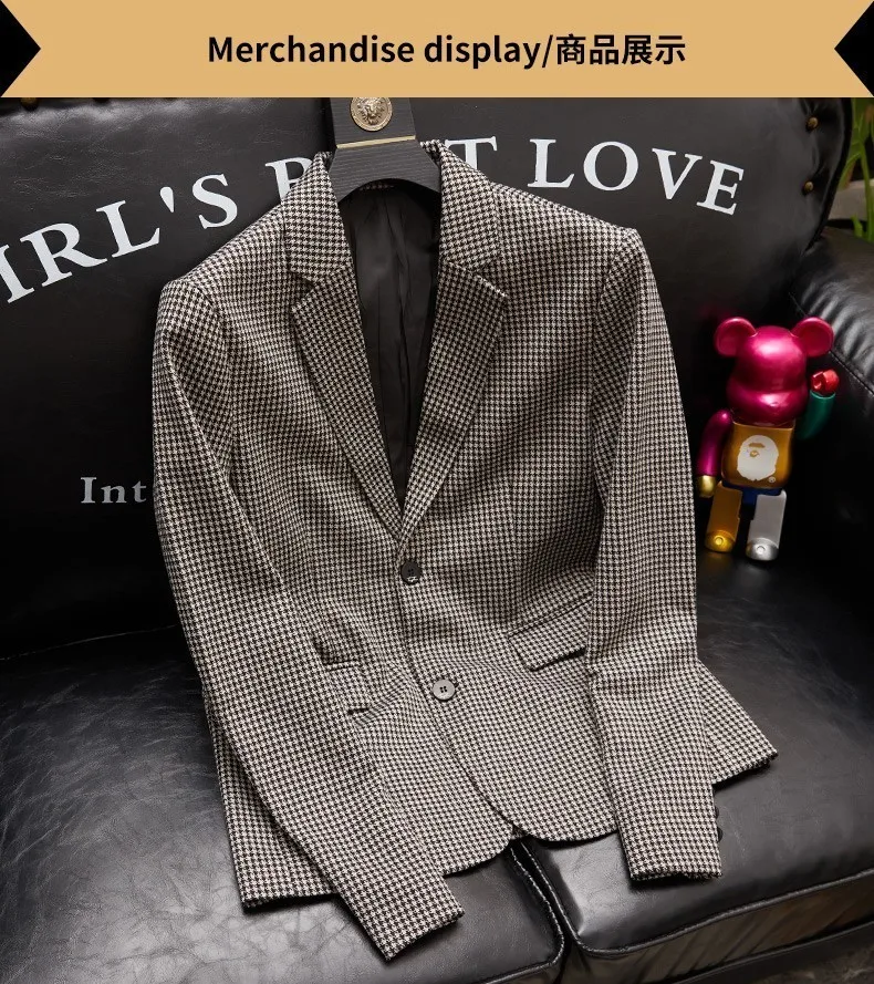 Plus-Size Herren Frühjahr neuer koreanischer Stil Slim-Fit trendige hübsche einreihige Hahnentritt-Anzugjacke – Detail 7