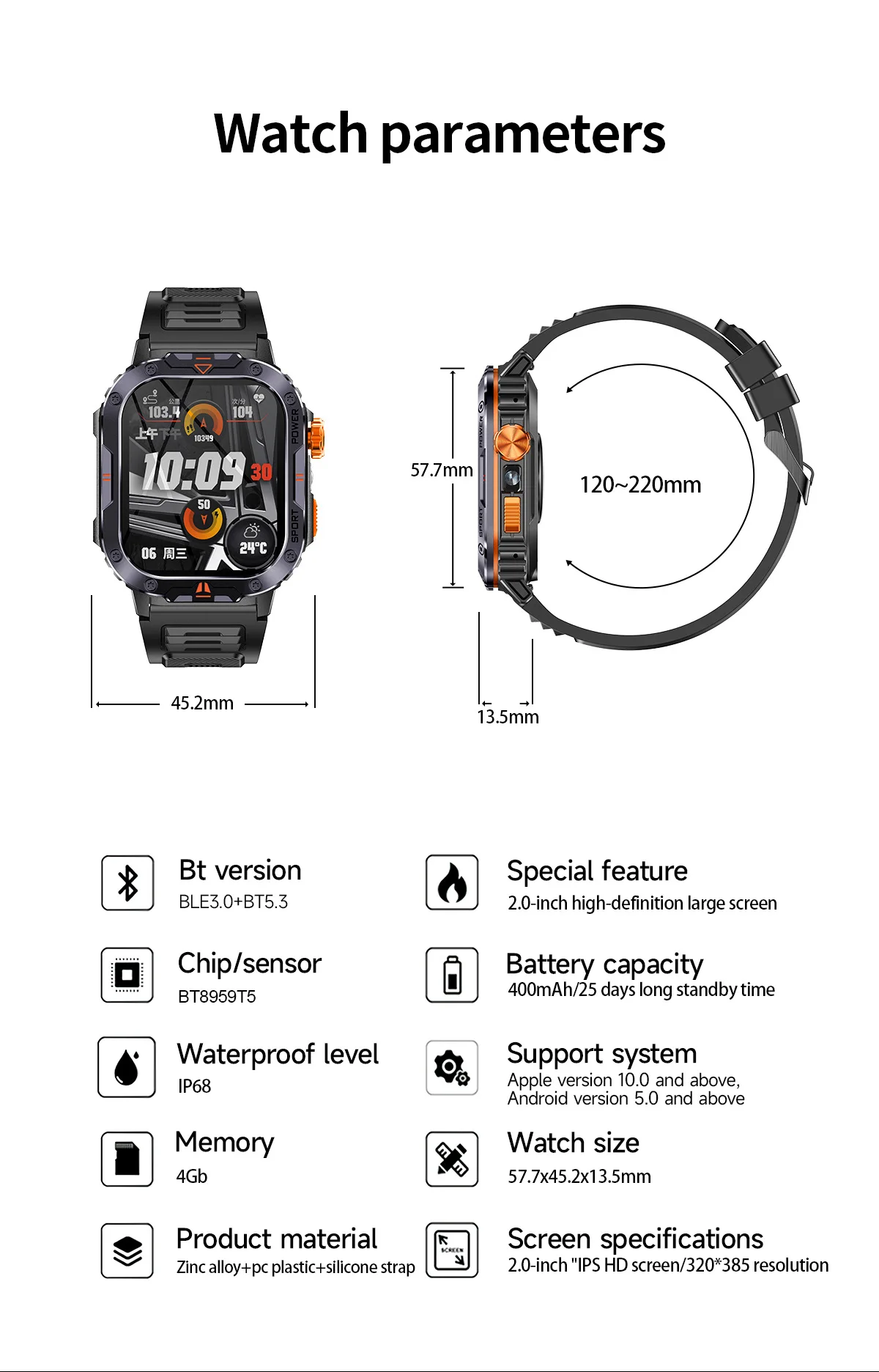 Montre connectée NX20 avec grand écran 2 pouces, lecture de musique locale, lampe torche, Bluetooth, appels IA et commande vocale, idéale pour les hommes et les activités de plein air._voghion.com