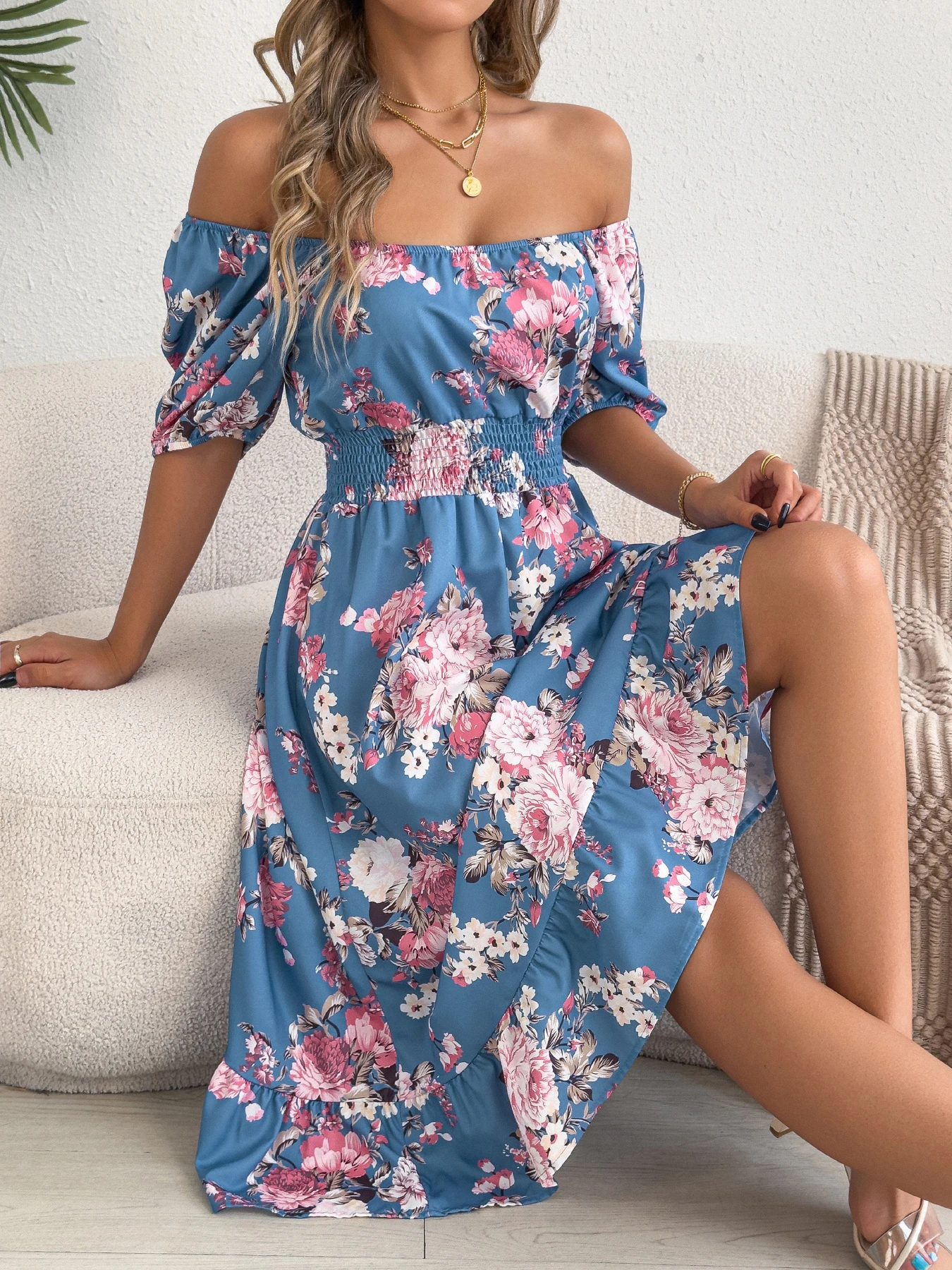 Floral Ruffled Short Sleeve Dress for Women