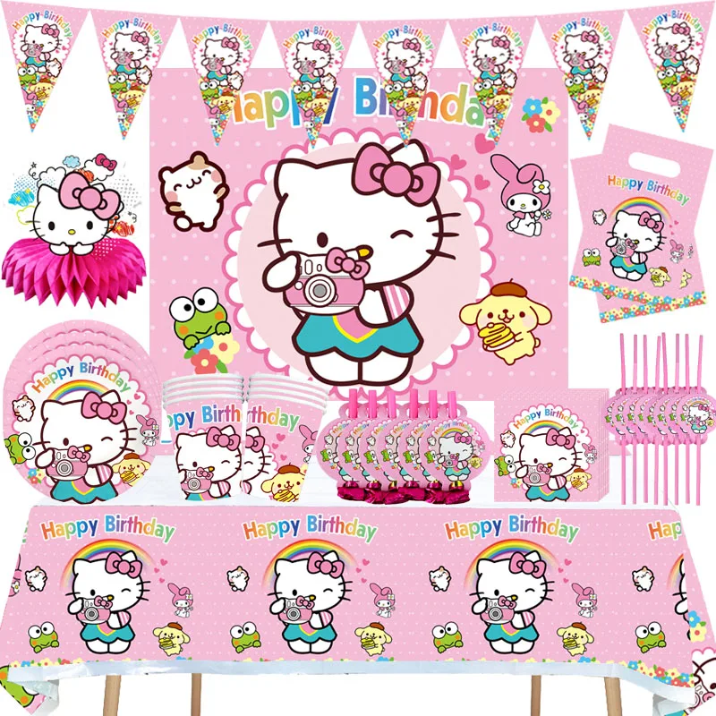 Cartoon Hello Kitty Decorazioni Per Feste Di Compleanno Set Bambini Ragazza Stoviglie Usa E Getta Tazza Piatto Tovagliolo Paglia Baby Shower Forniture