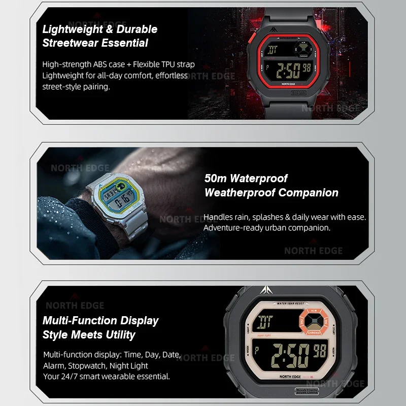 NORTH EDGE X1 Men's Digital Smart Watch - Waterproof, Luminous with Stopwatch and Alarm Features