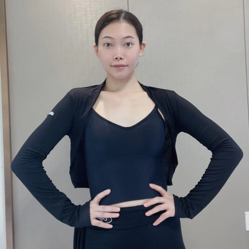 여성용 라틴 댄스 의상, 긴팔 코트, 블랙 조끼, 성인 가을 겨울 룸바, 모던 댄스 연습복, 가디건 DNV18657