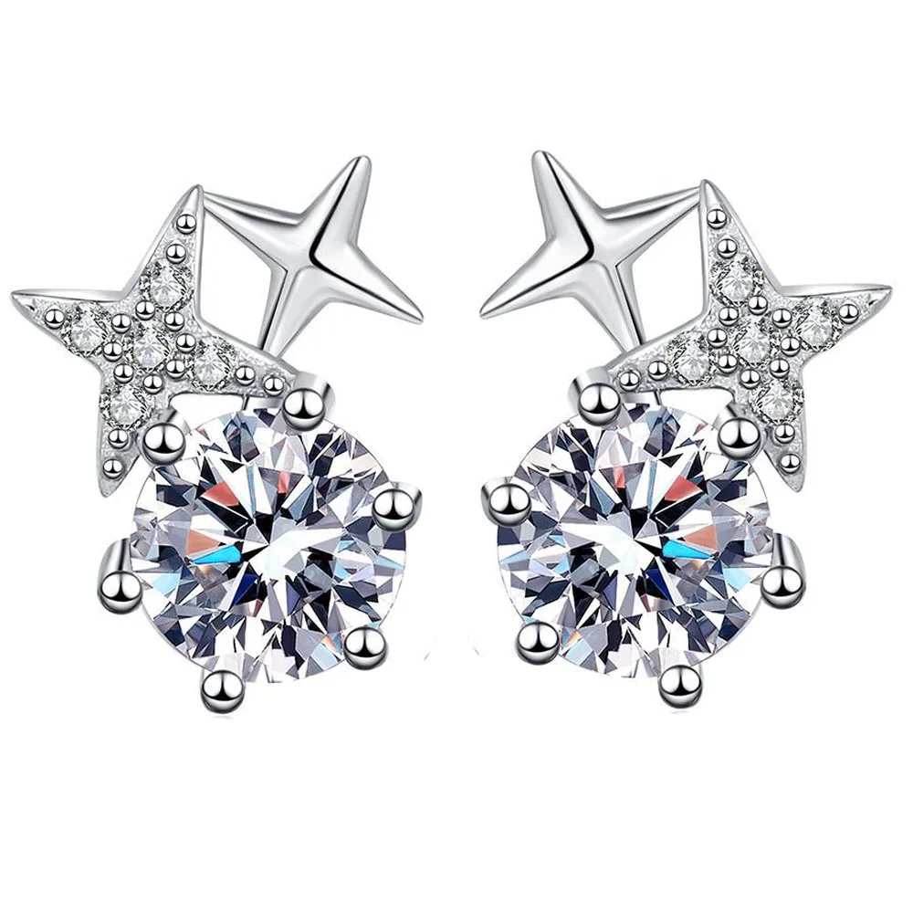 JECIRCON Women Earrings 925 Sterling Silver Moissanite Stud Earrings Simple 6 Claws Korean Style 8-Pointed Star Ear Jewelry 1ct