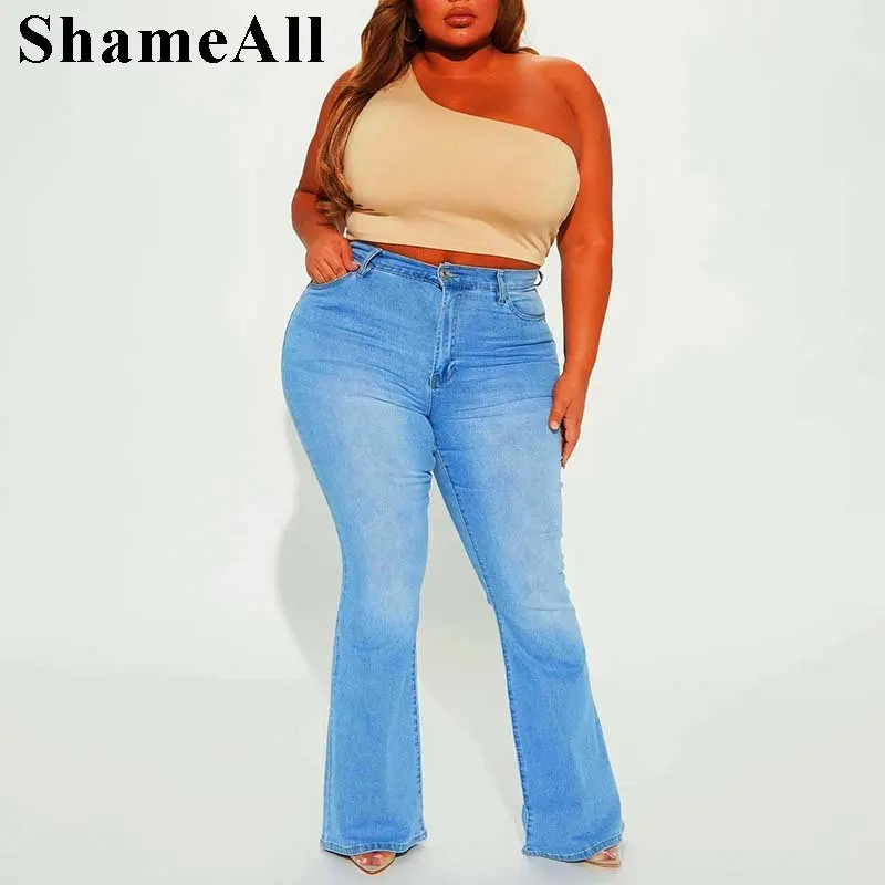 Plus Size Flower Embroidery Pockets Flare Jeans 4XL Women Stretchy Skinny Slim Fit Bell Bottoms Wide Leg Denim Pants Trousers