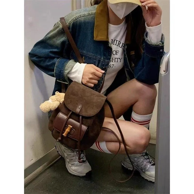 JIAERDI Hot Girls Brown Mini Backpack Women New Retro Versatile Suede Chic Y2k Backpacks Female Vintage Casual Mochila Aesthetic