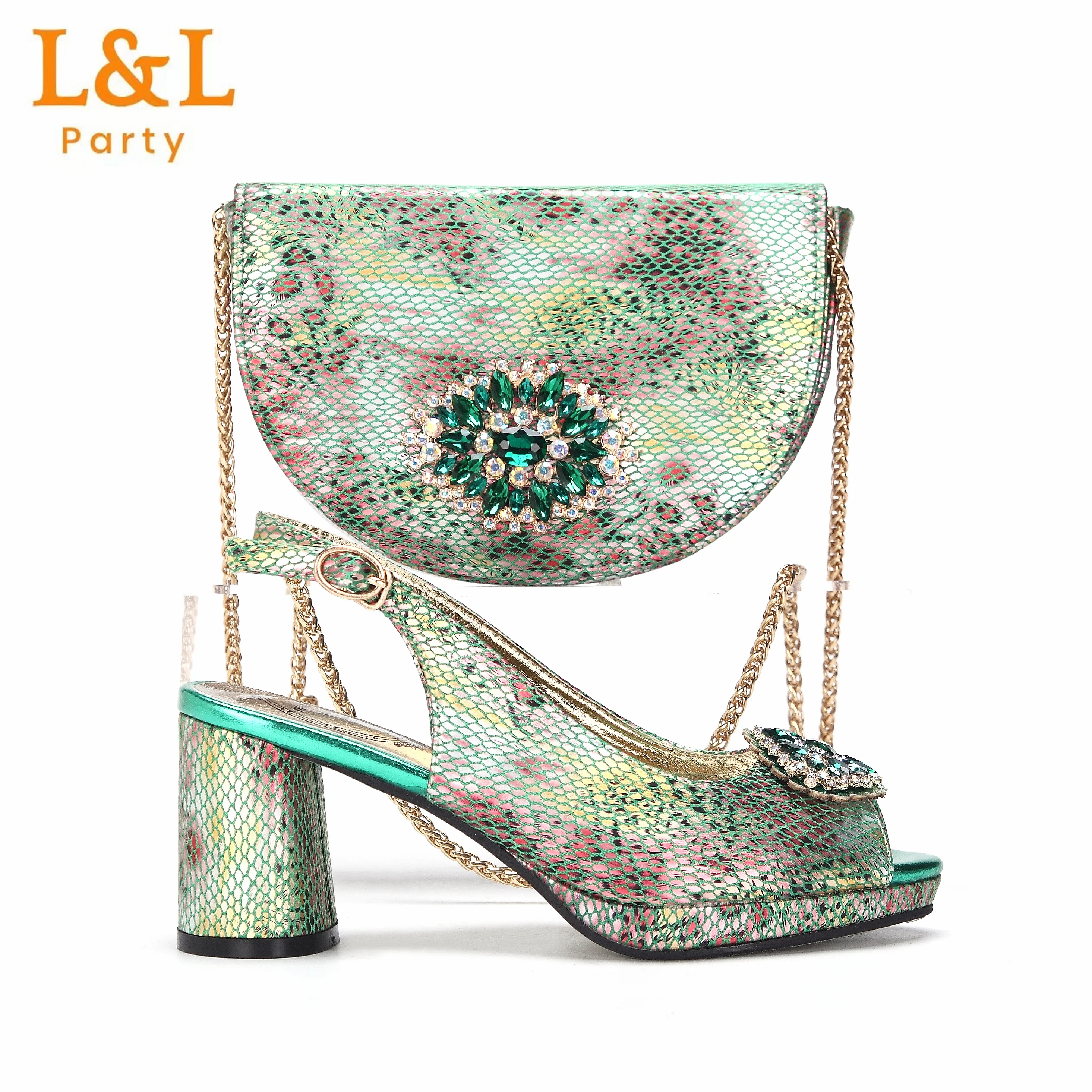 

Newest Green Color Snake Pattern Peep Toe Shoes Matchin Crystal Bag Set For Women's Sandals Suitable For Wedding Party