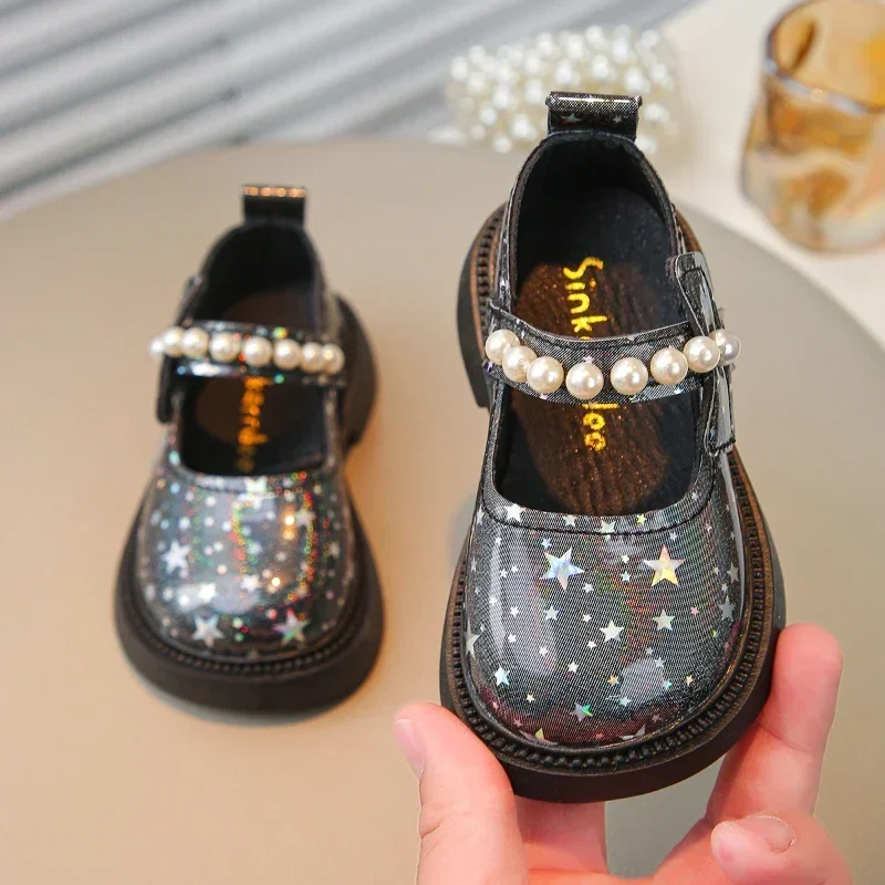 Leather Shoes for Kids Girls Bling All Over Stars Beading Rubber School Dress Shoes
