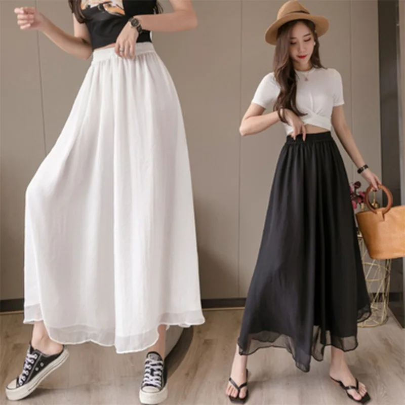 Double Layer Chiffon Wide Leg Pants for Women Summer New Elastic Waist Casual Thin Fairy Pants Loose Nine-point Pants