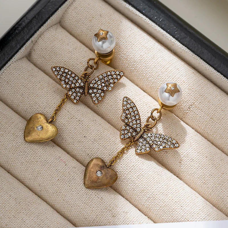 Light luxury vintage imitation pearl butterfly love heart earrings for women