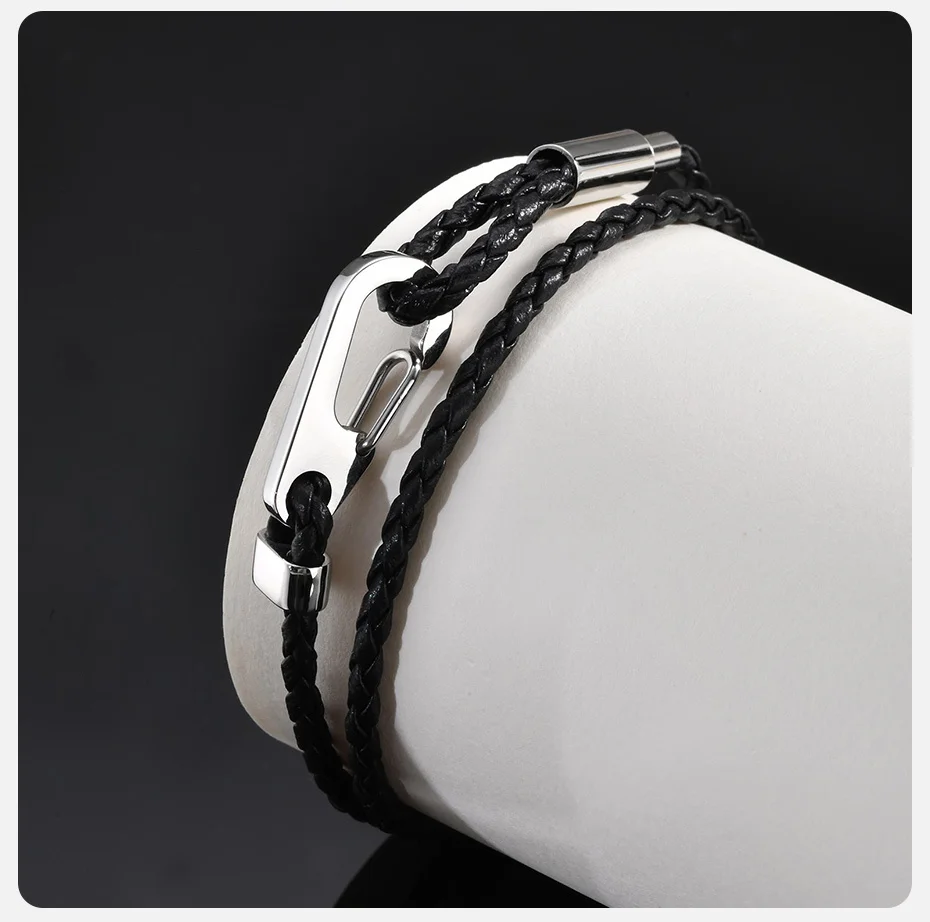 Vnox doppellagige schwarze gewebte PU-Lederarmbänder für Herren, kräftiger Hakenschließe aus Edelstahl, DIY-Schmuck erhältlich – Detail 6