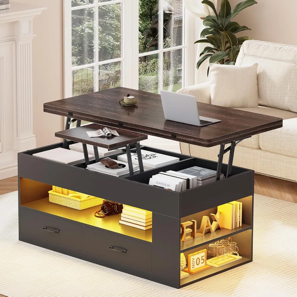 4-in-1 Lift Top Coffee Table with Storage, LED Lights & Hidden Compartment for Living Room, Black