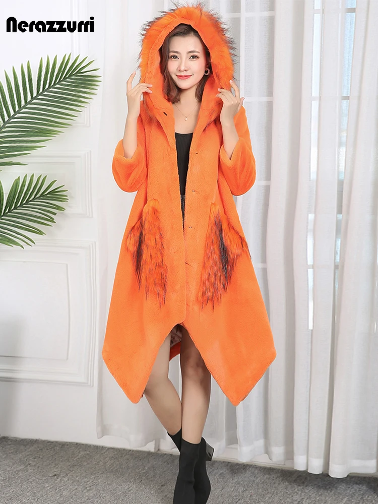 

Nerazzurri Winter Warm Faux Fur Coat with Fox Fur Trim Hood Raglan Sleeve Front Fur Pockets Irregular Fluffy Korean Fashion 2021