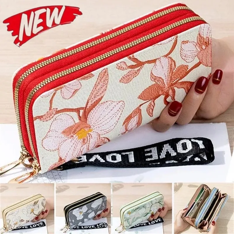 여성용 가죽 장지갑, 더블 지퍼, 레트로 스타일 꽃, 대용량 클러치 백, 여성용 휴대폰 가방, 캐주얼 동전 지갑 핸드백 