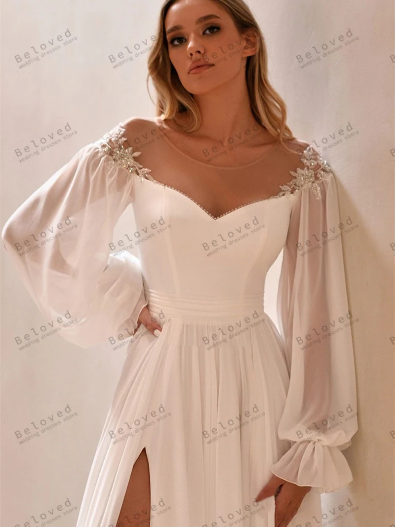 Charming Wedding Dresses Glamorous Bridal Gowns Lace Appliques Long Chiffon Puff Sleeves Robes Vestidos De Novia 2025 Customized 4
