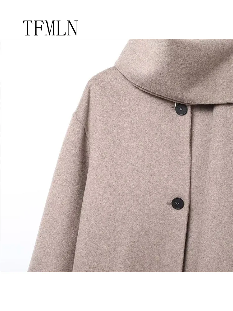 Retro Women Casual Scarf Collar Coat Fashion Single Breasted Pockets Loose Outerwear Commuting Street Jacket 2025 Autumn Winter