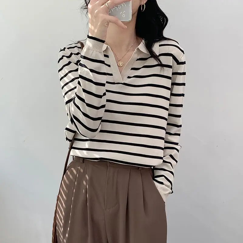 

Spring Autumn Contrast Color Fashion Long Sleeve Sweater Women High Street Striped All-match Pullovers Female Casual Elegant Top