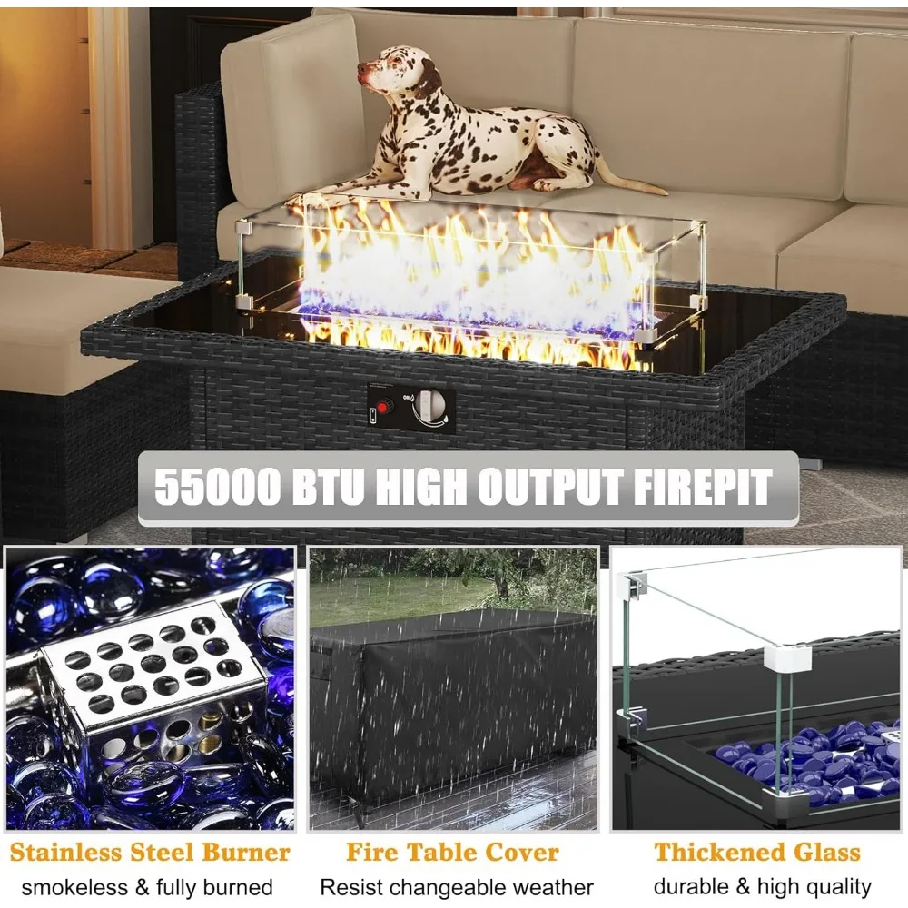 15 Piece Patio Furniture Set with Fire Pit Table, Outdoor Conversation Sets Wicker Rattan Sectional Sofa with Coffee Table 4