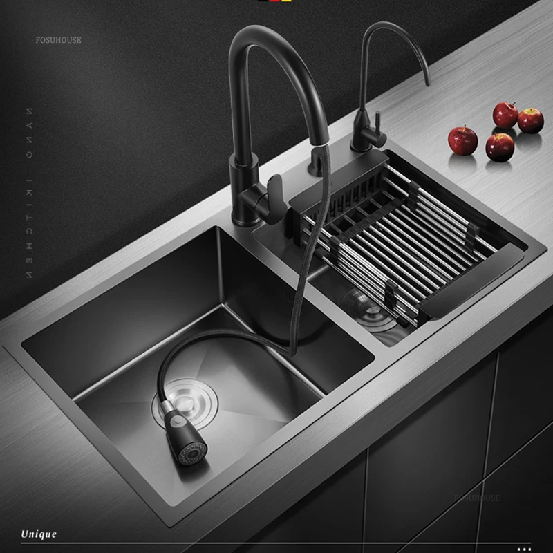 German Double-slot Kitchen Sink for Balcony Black Stainless Steel Large Capacity Sinks Creative Kitchen Sinks for Bar Counter