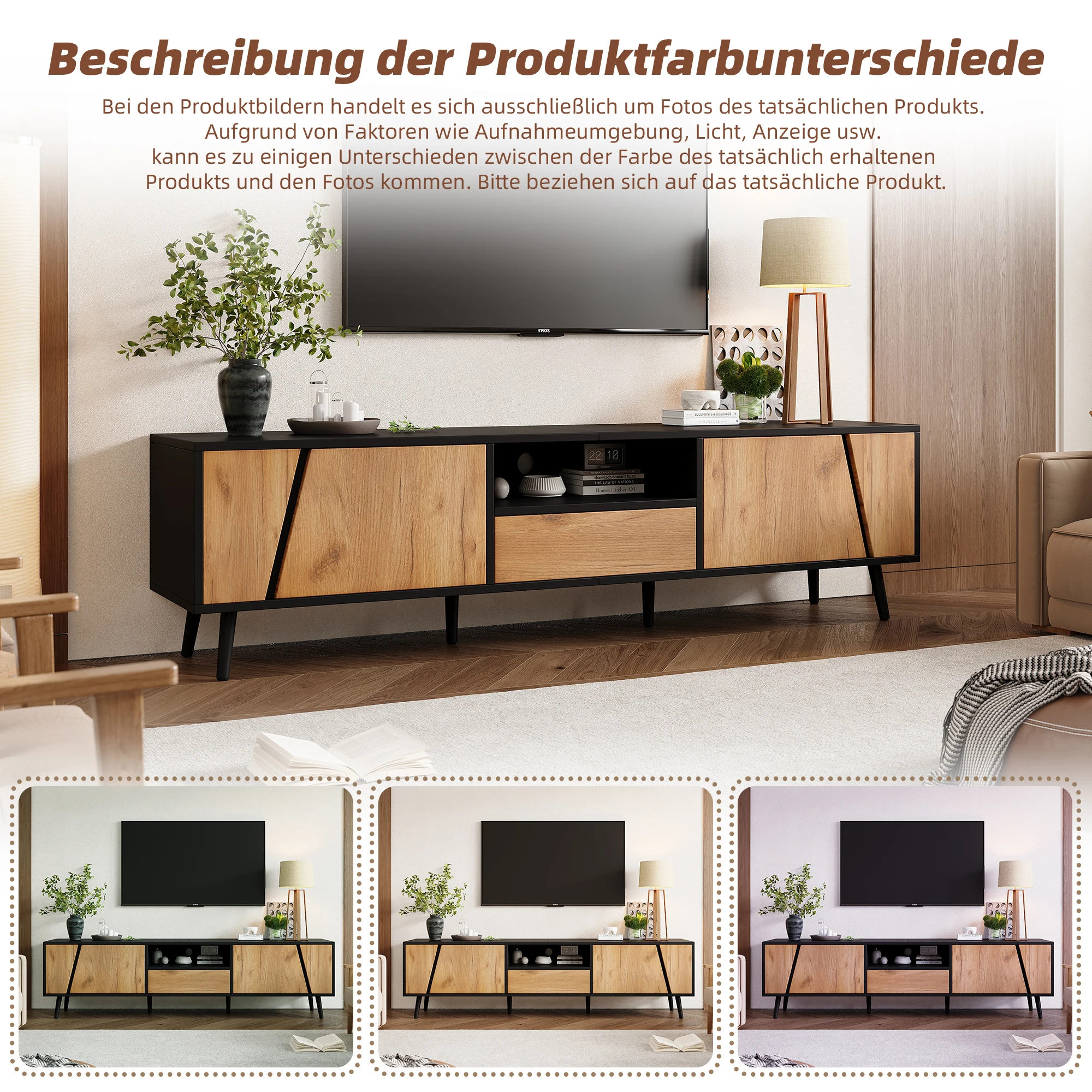 KOMHTOM TV-Schrank - Mit Schubladen, 2 Schränken und 6 Massivholz-Stützbeinen, passend für 75-Zoll-Fernseher – Detail 4
