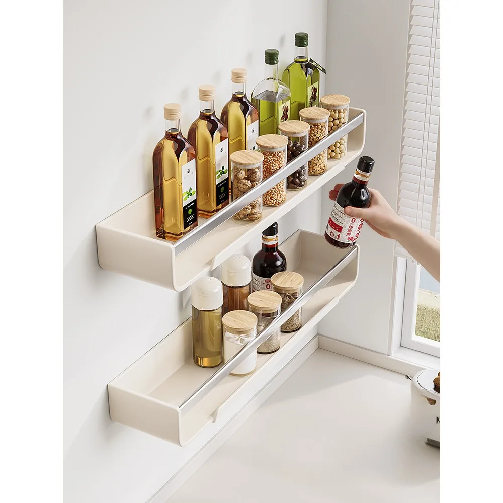 Cream wind kitchen rack, seasoning non-punching wall-mounted multi-layer knife holder, lid, chopsticks, spoons, storage