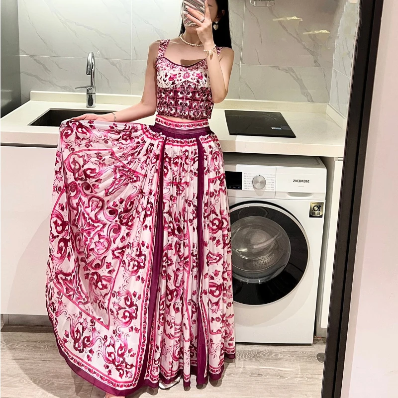 

2023 Summer Top Quality Floral Print Peated Sleeveless Slim Tops and A-Line Skirts Two Piece Sets Womens Outifits