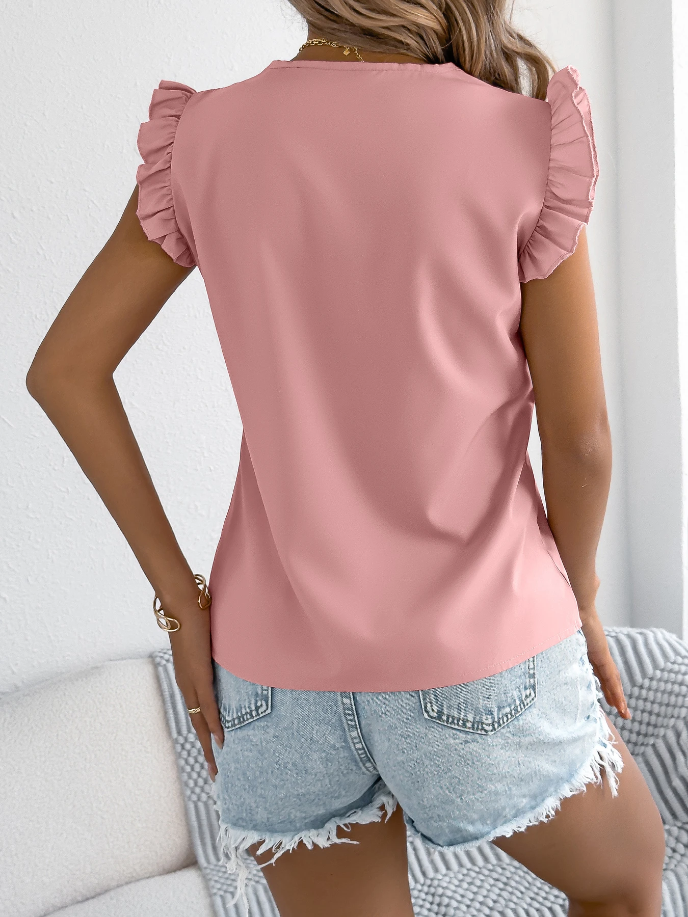 Pink Chiffon Sleeveless V Neck Pullover Shirts for Women
