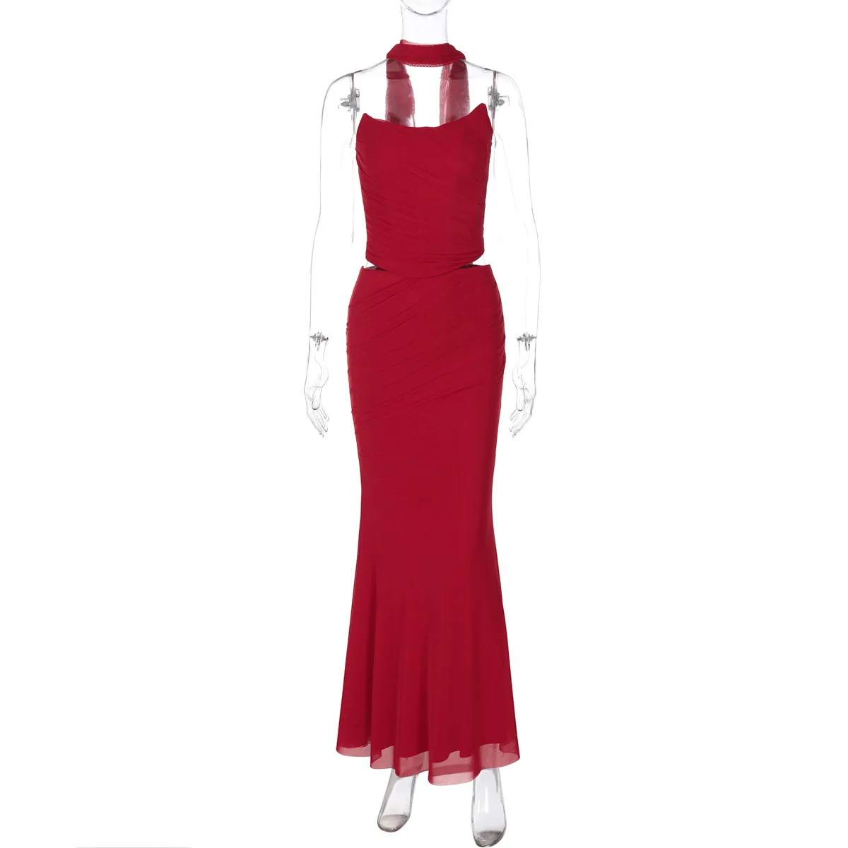 TRAUXY Elegant Two-piece Dress Sets With Scarf Strapless Fishbone Top Long Skirt For Women 2025 Sexy New Slim Party Skirt Set