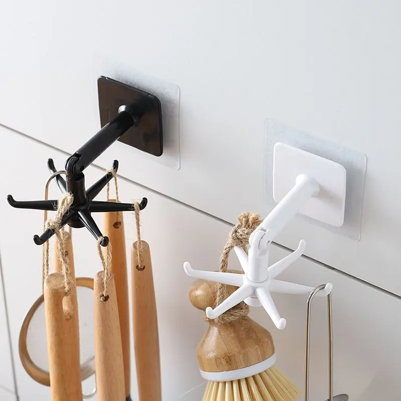 Kitchen Storage Rack 1pc Rotating Punch-free Wall-mounted 6 Hooks Pot Shovel Chopping Nail-free Adhesive