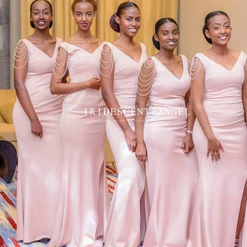 

Iridescent Sexy Pink Mermaid Bridesmaid Dresses V-Neck Long Zipper Back Maid Of Honor Wedding Dubai African Formal Gowns Plus