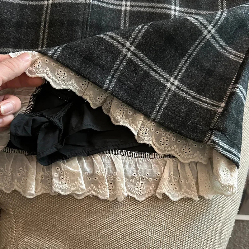 Lace Patchwork Plaid Mini Skirts Women Fall Winter High Waist No Belt Faux Wool Skirts Y2K Fashion Preppy All Match A Line Skirt