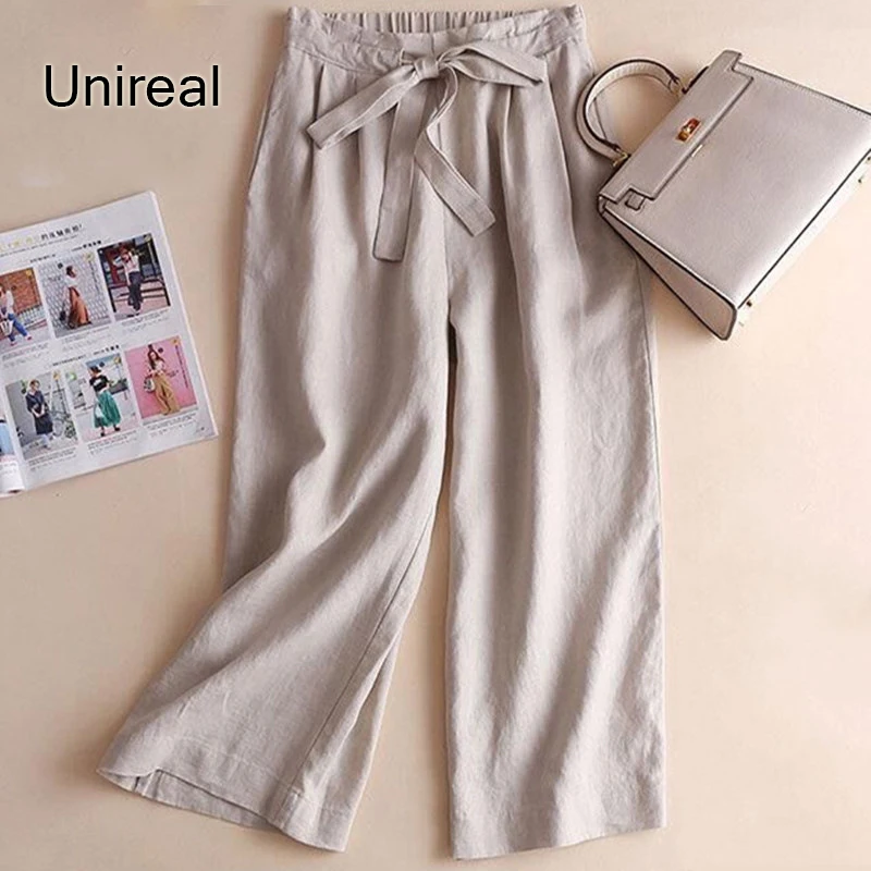 

Unireal 2022 Summer Autumn Women Wide Leg Pant High Waist White Bow Drawstring Bow Casual Cropped Pant Palazzo Trousers