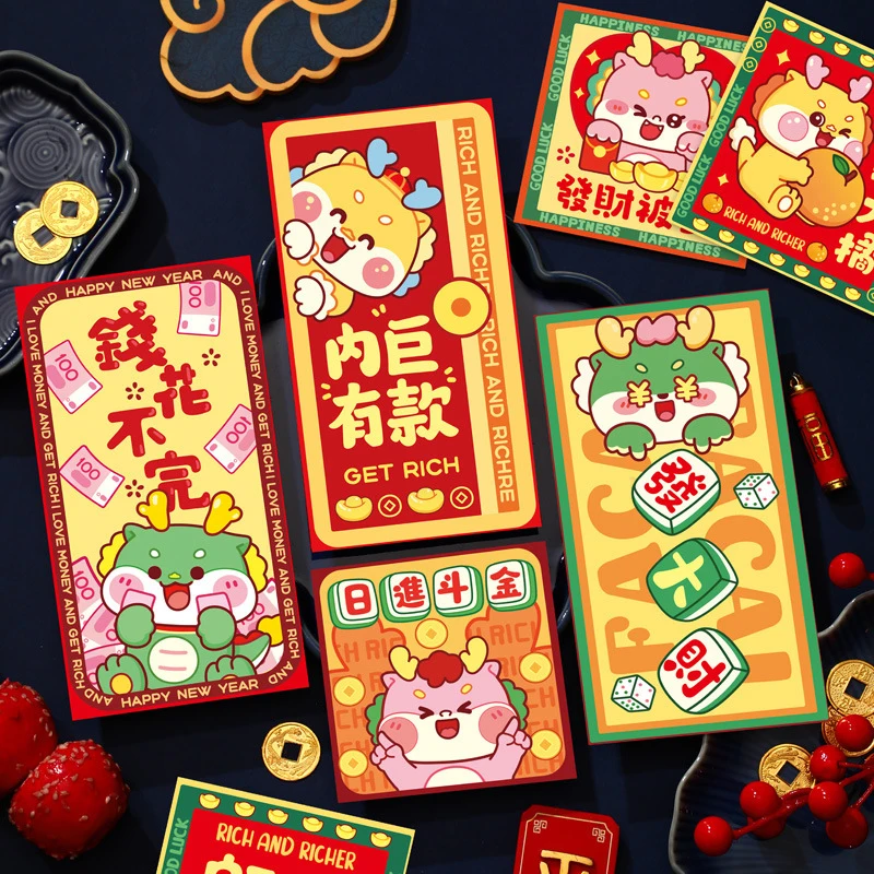 

12PCS 2024 New Year Red Envelopes Dragon Year Spring Festival Red Packet Lucky Money Packets Kids Cartoon Pattern Gift Bag