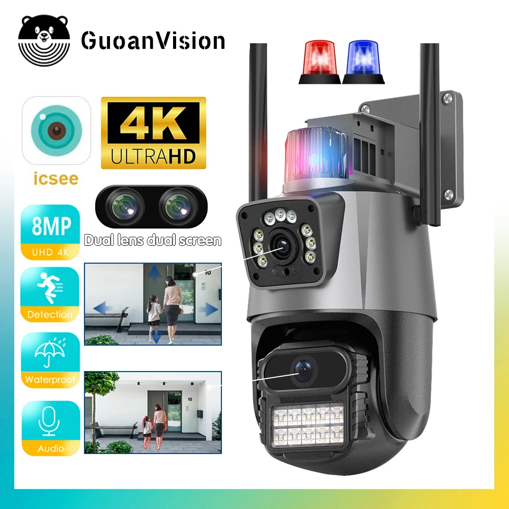 8MP 4K IP Camera Outdoor WiFi PTZ Dual Lens Dual Screen Auto Tracking Waterproof Security Video Surveillance Police Light Alarm