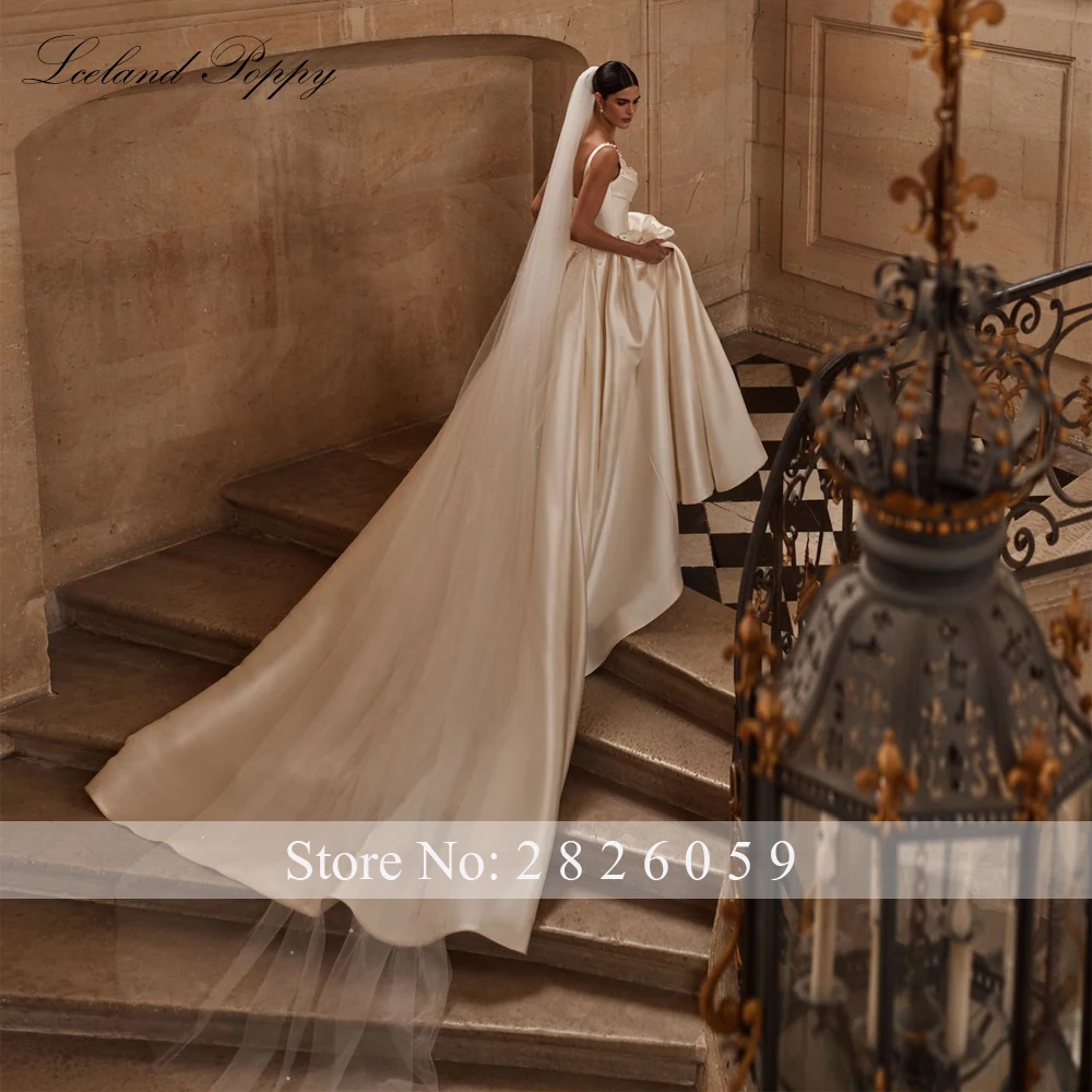 Lceland Poppy Customized A Line Mikado Satin Wedding Dresses Pleated Sleeveless Beaded Bridal Gowns with Chapel Train