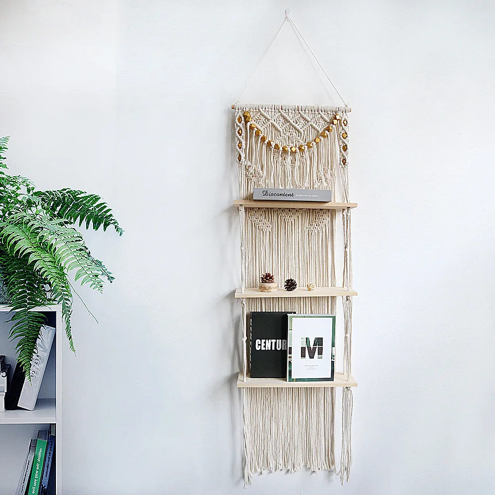 

Bohemian Macrame Rack Wooden Three Tier Shelf Wall Hanging Plant Flower Pots Hanger Boho Rope Tapestry Home Art Decor