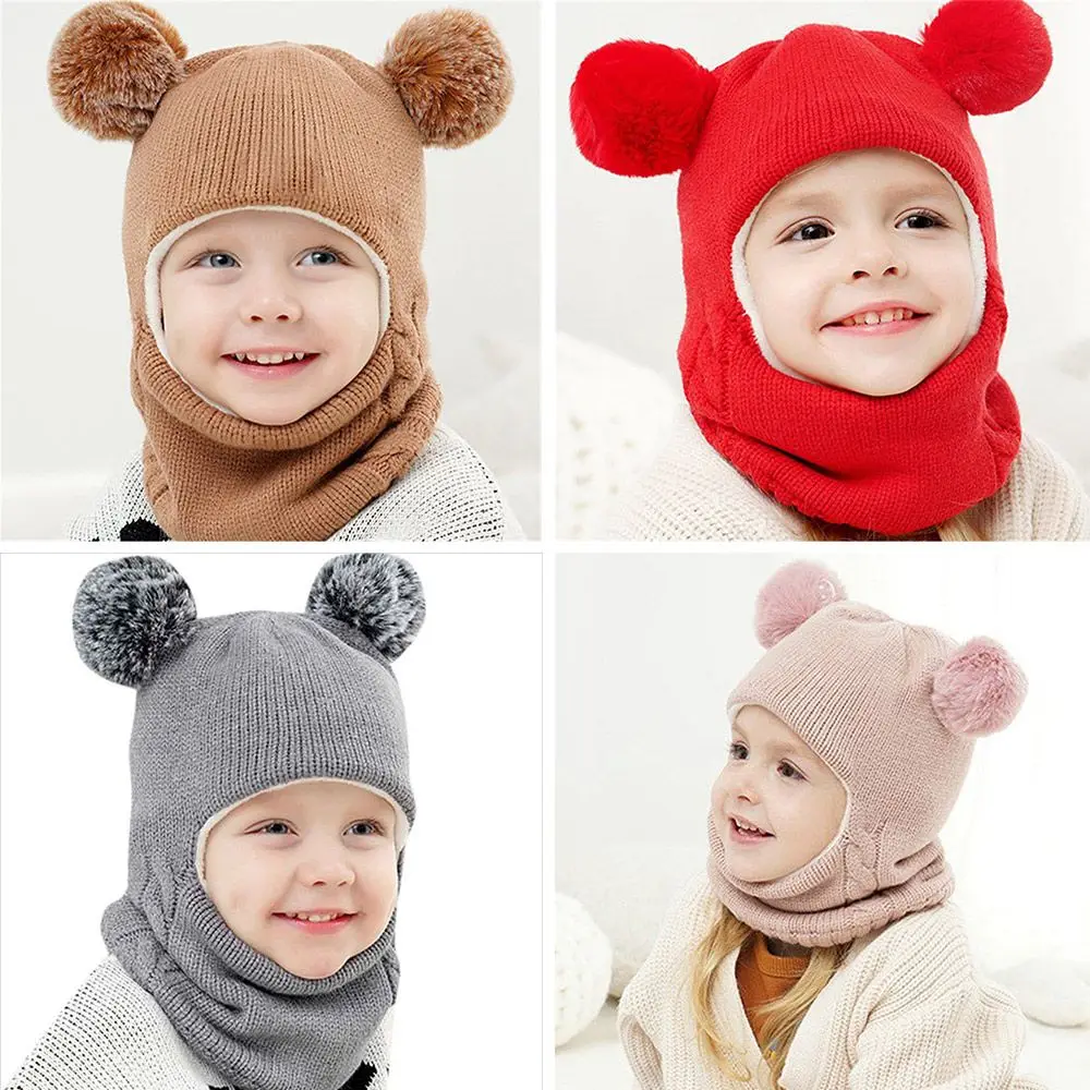 Baby Beanies Hat Pompom Winter Children Hats Cute Knitted Cap Scarf For Kids Girls Boys Warm Fleece Lining Earflap Caps Hot New