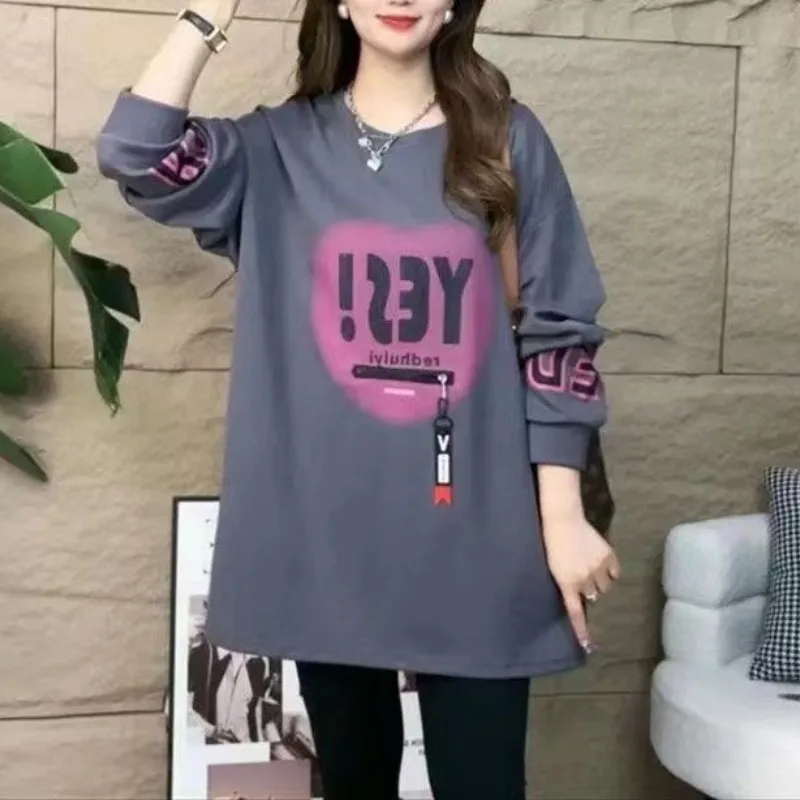 Spring Autumn New Long Sleeved Sweater Women's Korean Fashion Loose Pullover Round Neck Printed Letter Chains Zipper Pocket Tops