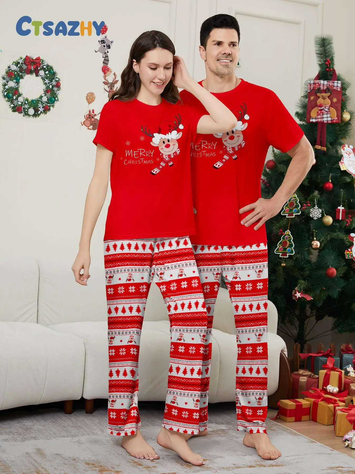 thumbnail image 4 of Conjunto de pijamas navideños con estampado de cervatillo para niños y bebés, conjuntos familiares a juego, tops y pantalones, 2 piezas, ropa de dormir navideña, ropa de casa informal, mameluco para p, 4 of 5