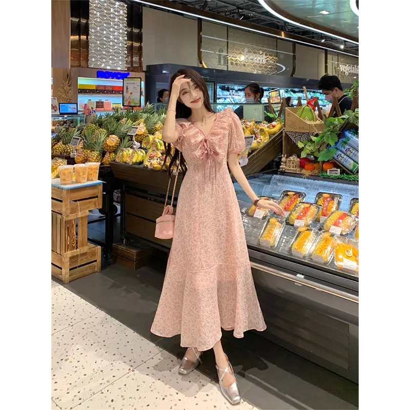 

Vintage Printing Floral Party Maxi Dress for Women Slash Neck Puff Sleeve Sexy Backless Midi Dresses Elegant French Summer